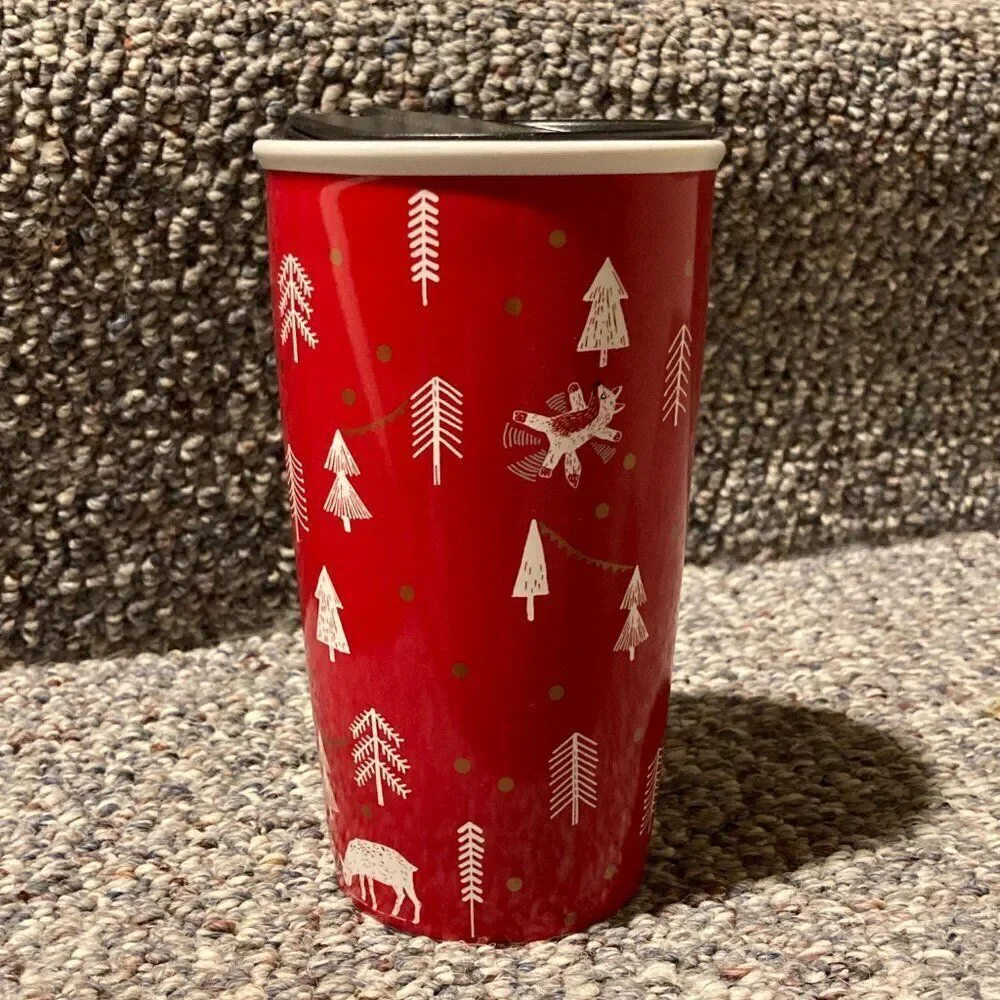 Starbucks 2018 Holiday Ceramic Travel Mug Winter Red Forest 12oz